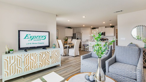 The Lakeside open concept living room to dining room