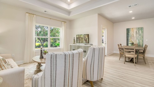 The Rhett living room with tray ceilings and large window