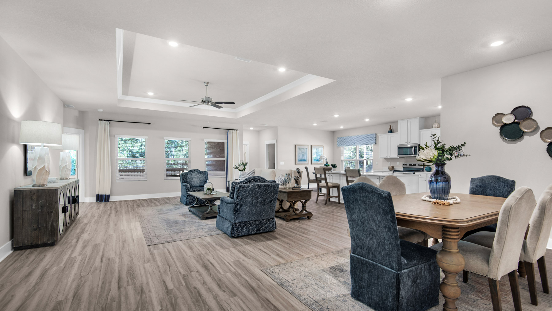The Destin floorplan open concept living room, dining room and kitchen space