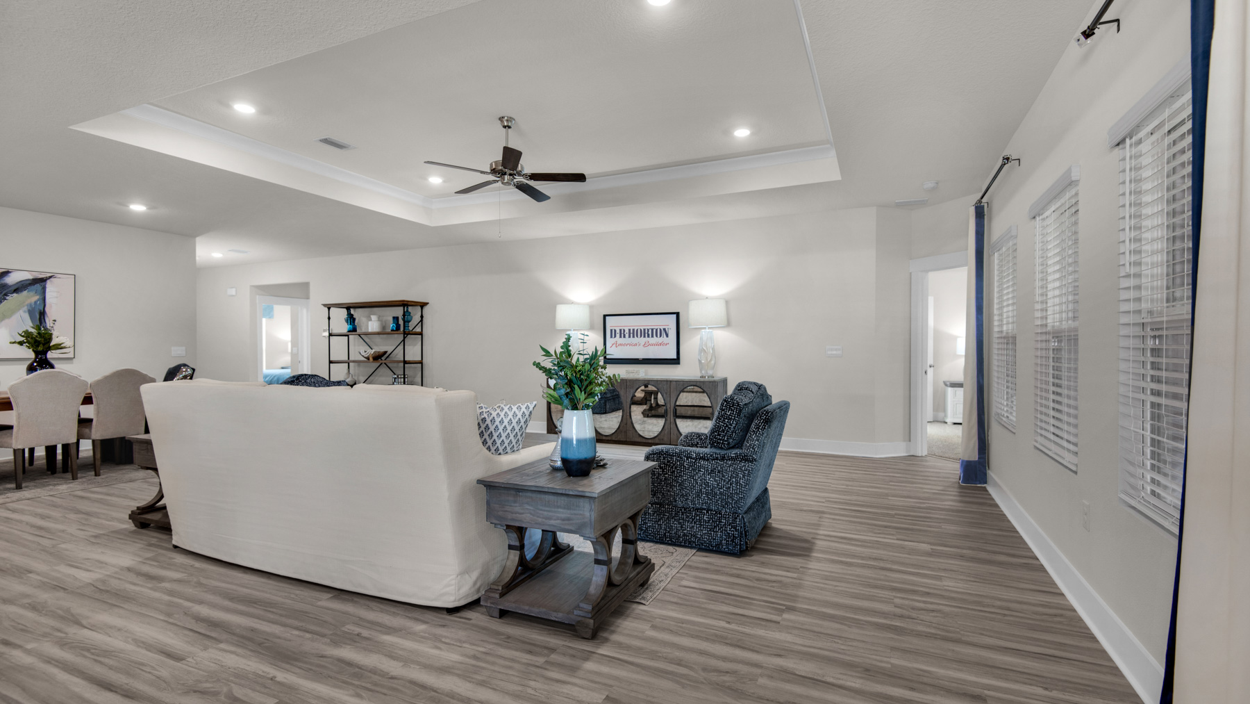 The Destin floorplan open concept living room with EVP flooring throughout
