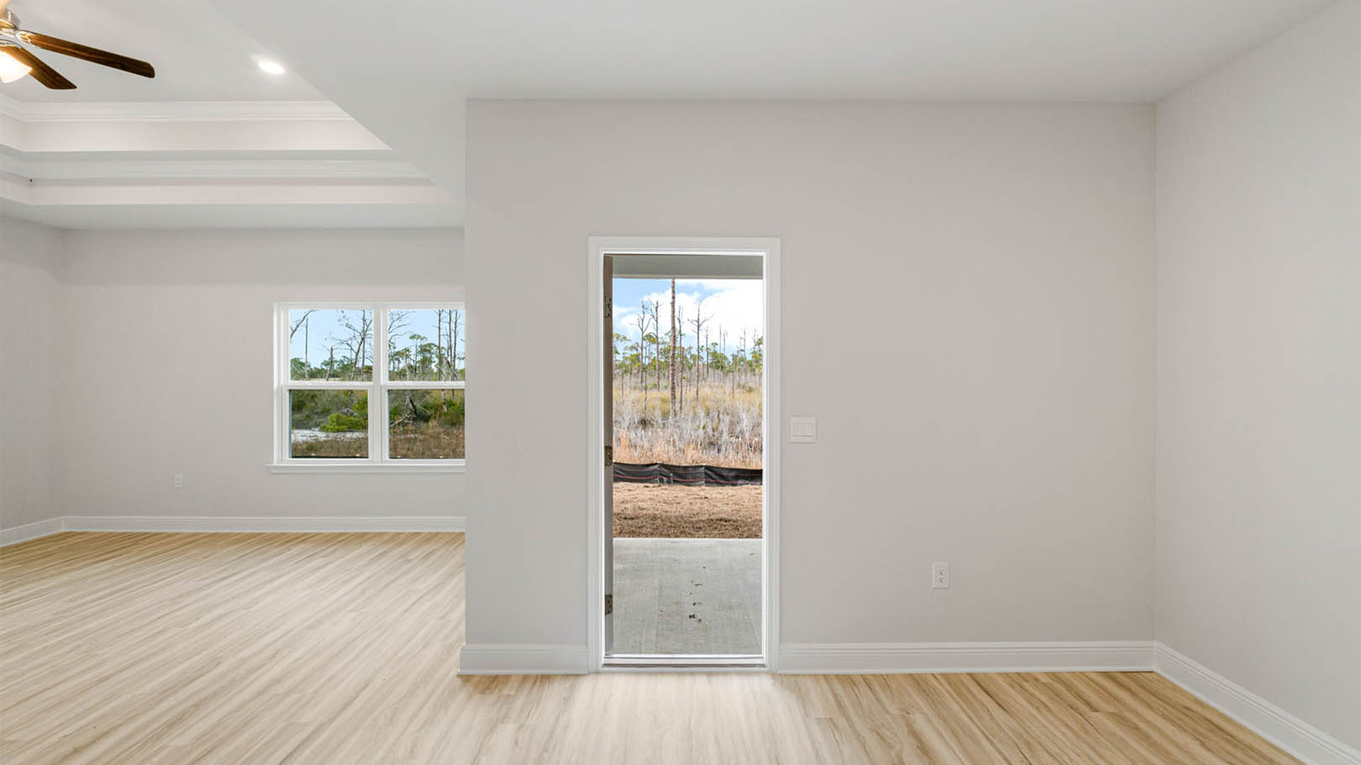 Dining area with back door.