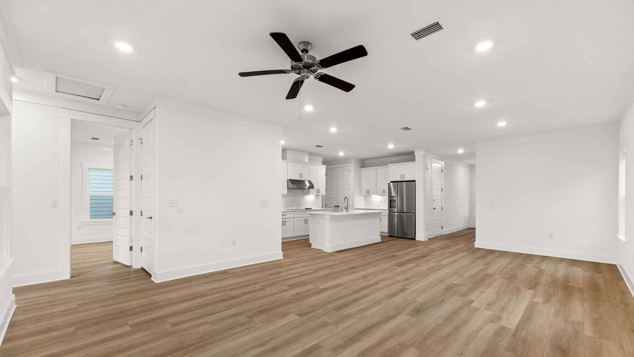 Open living room and kitchen and dining area.