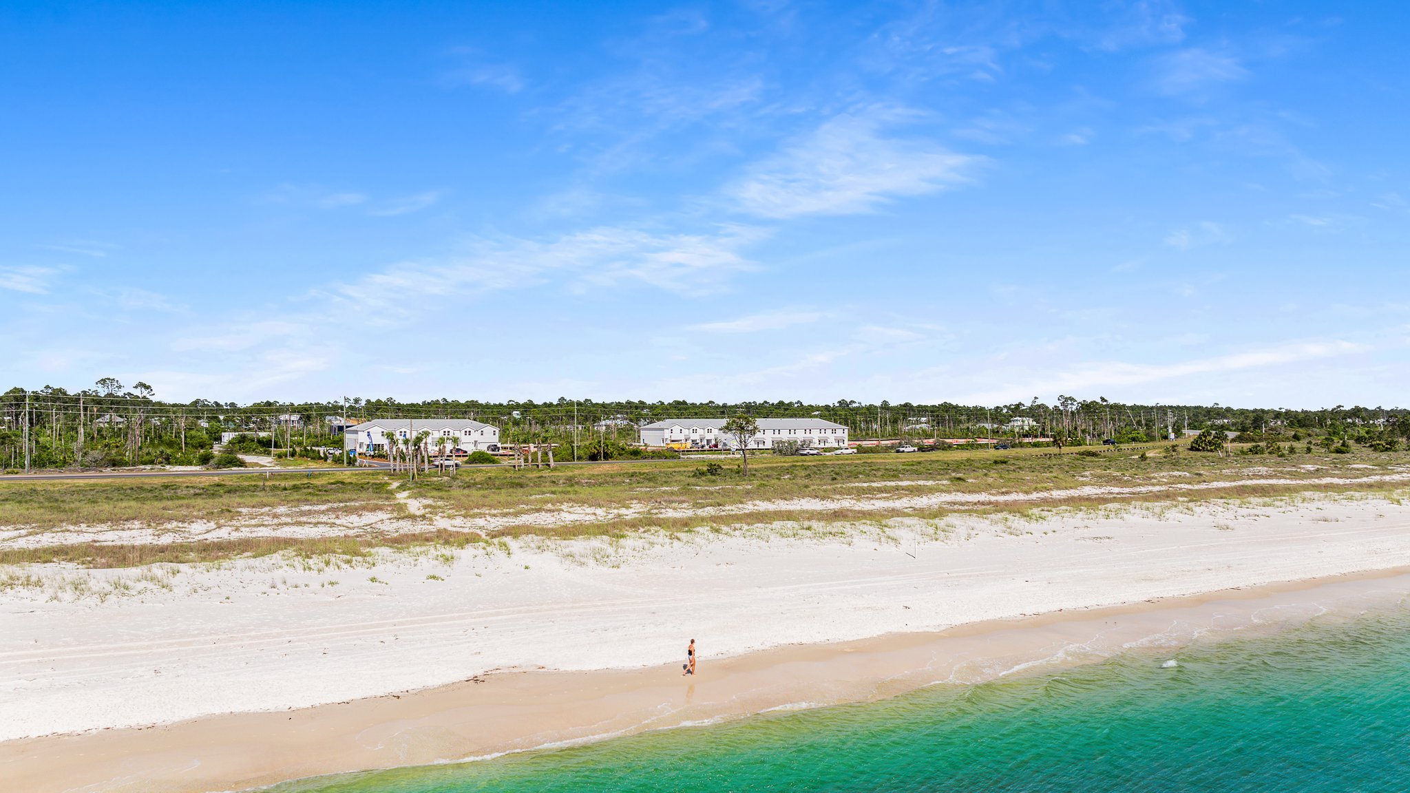 Aerial view looking at beach path.
