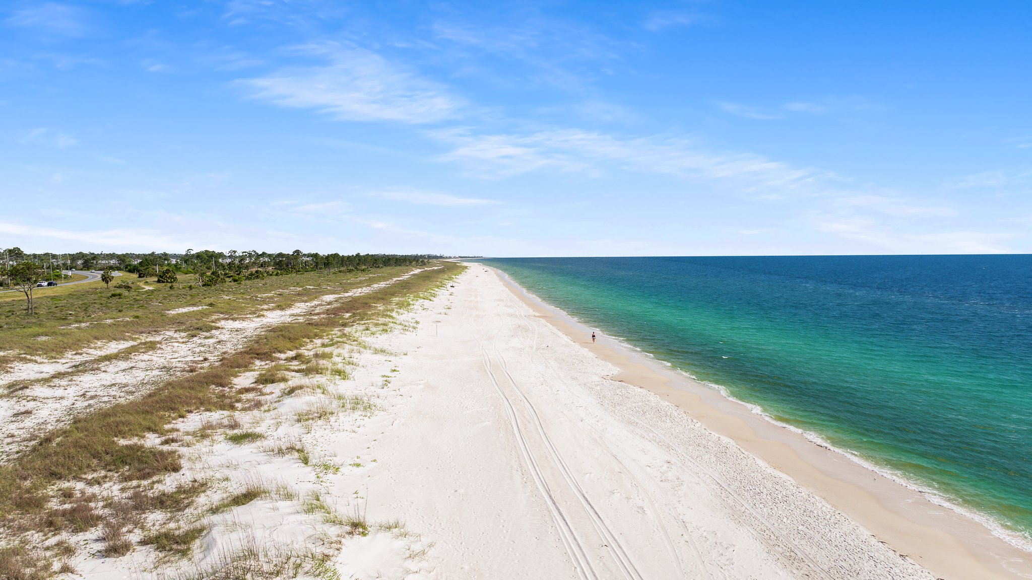 Aerial view looking at beach path.