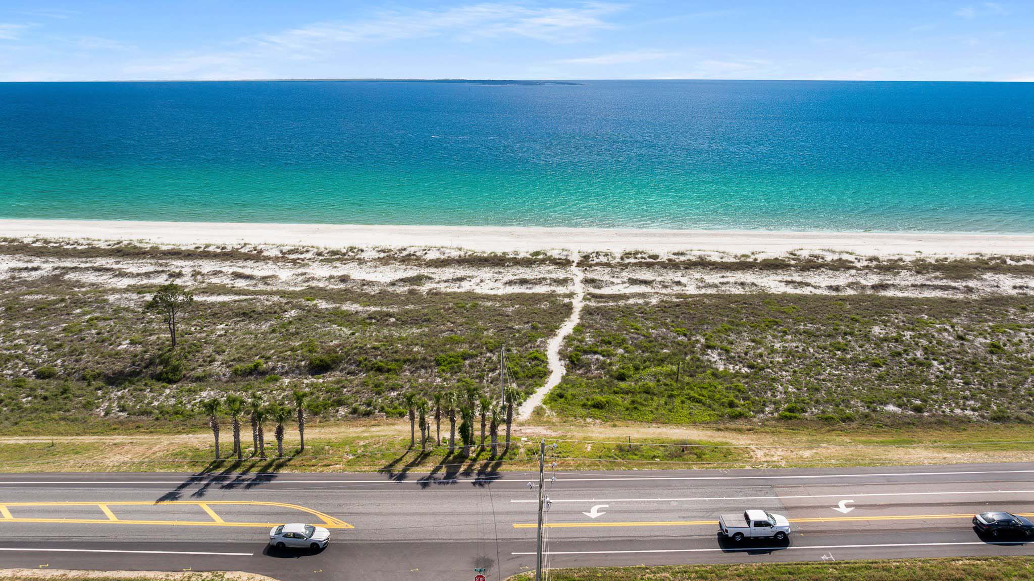 Aerial view looking at beach path.