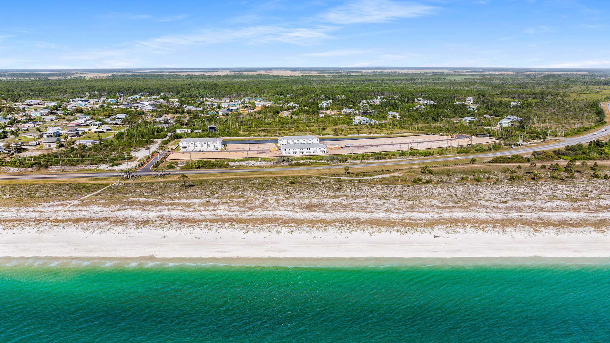 Aerial view looking at beach path.
