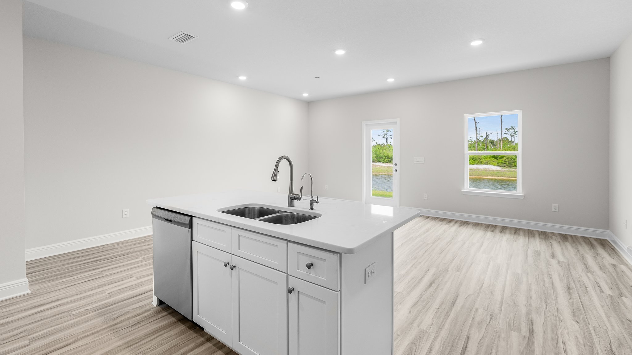 Kitchen Island and living room.