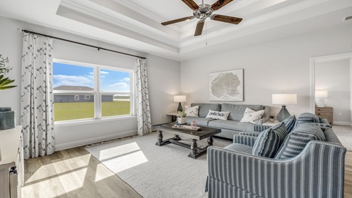Hodges Bayou Plantation model home living room with tray ceilings.