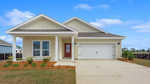 Riverside floor plan at Hodges Bayou Plantation with Hardie Board siding and large covered front porch and two car garage.