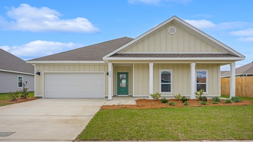 Victoria floor plan at Hodges Bayou Plantation with Hardie Board siding and large covered front porch and two car garage.