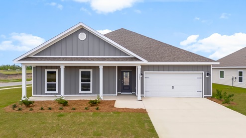 Victoria floor plan at Hodges Bayou Plantation with Hardie Board siding and large covered front porch and two car garage.