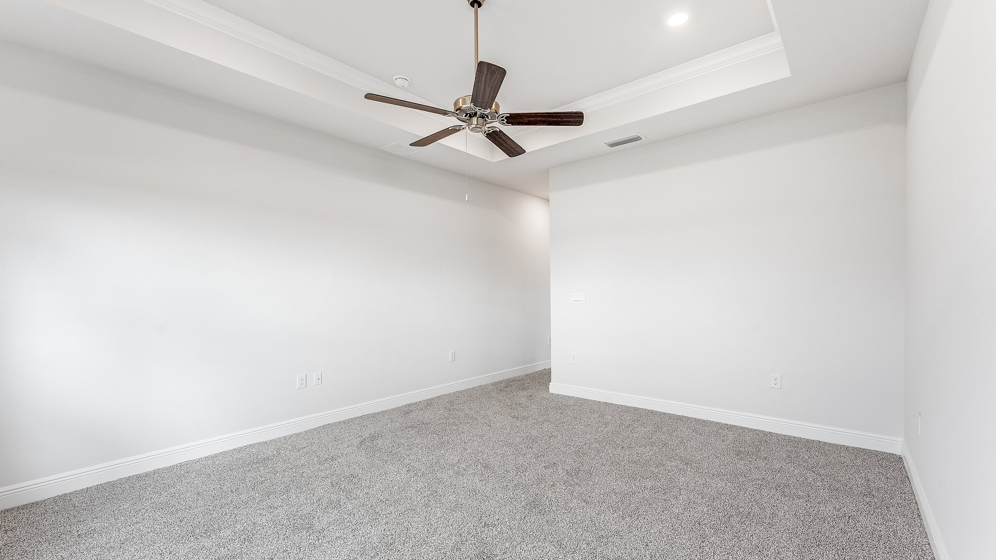 Primary bedroom with carpet floors and ceiling fan and tray ceilings.