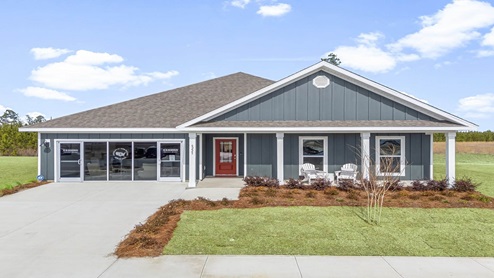 Victoria floor plan at Liberty with Hardie Board siding and large covered front porch and two car garage.