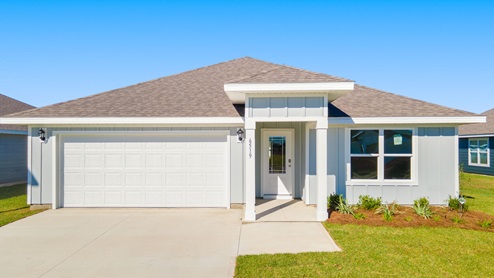Cali floor plan at Liberty with Hardie Board siding and two-car garage.