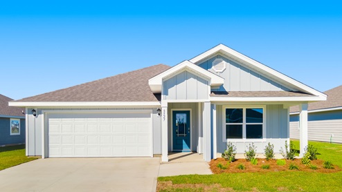 Cali floor plan at Liberty with Hardie Board siding and two-car garage.