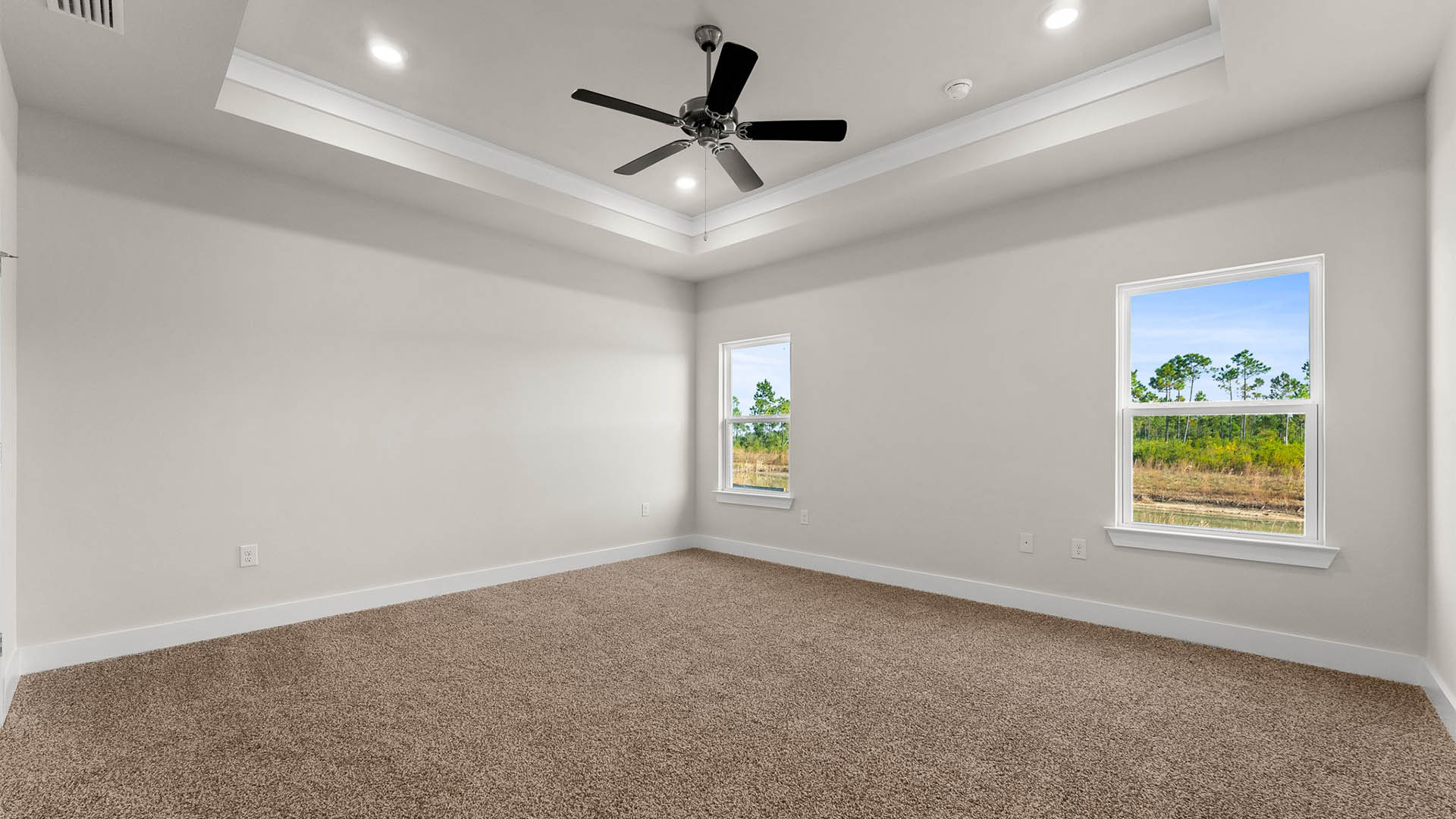 Primary bedroom with carpet floors and ceiling fan and tray ceilings and windows.