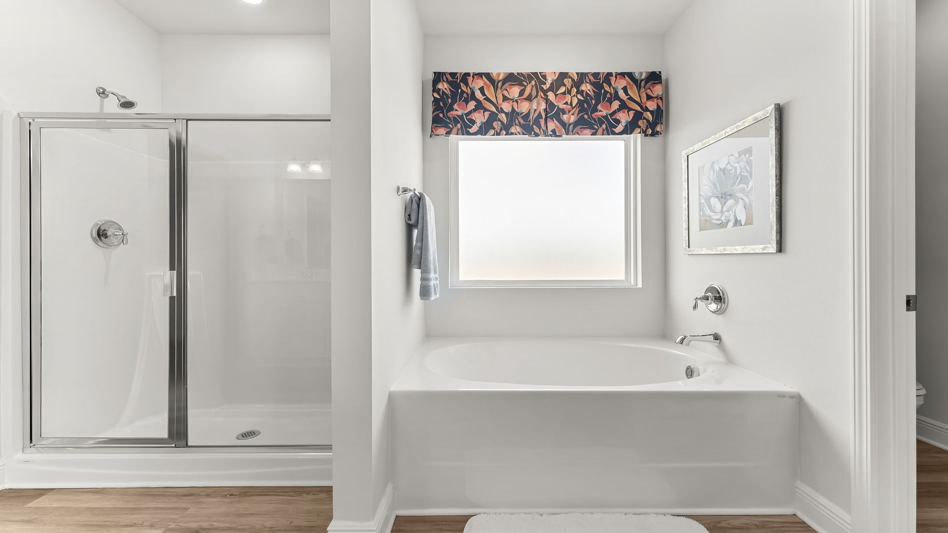 Primary bathroom walk-in shower with glass doors and tub with window.