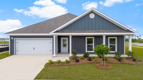 Victoria floor plan at Liberty with Hardie Board siding and large covered front porch and two car garage.