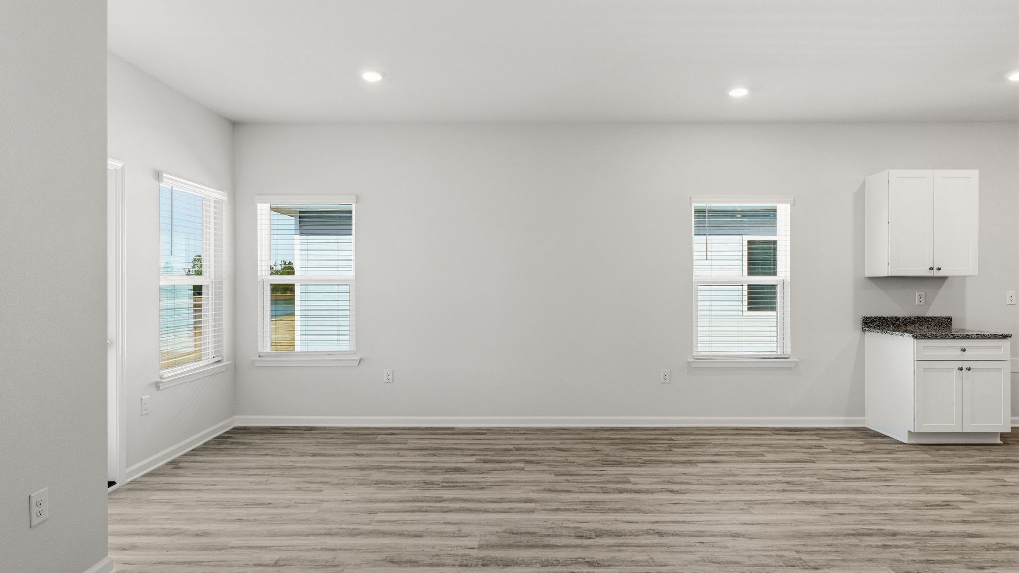 Living room with EVP flooring and back door and windows.