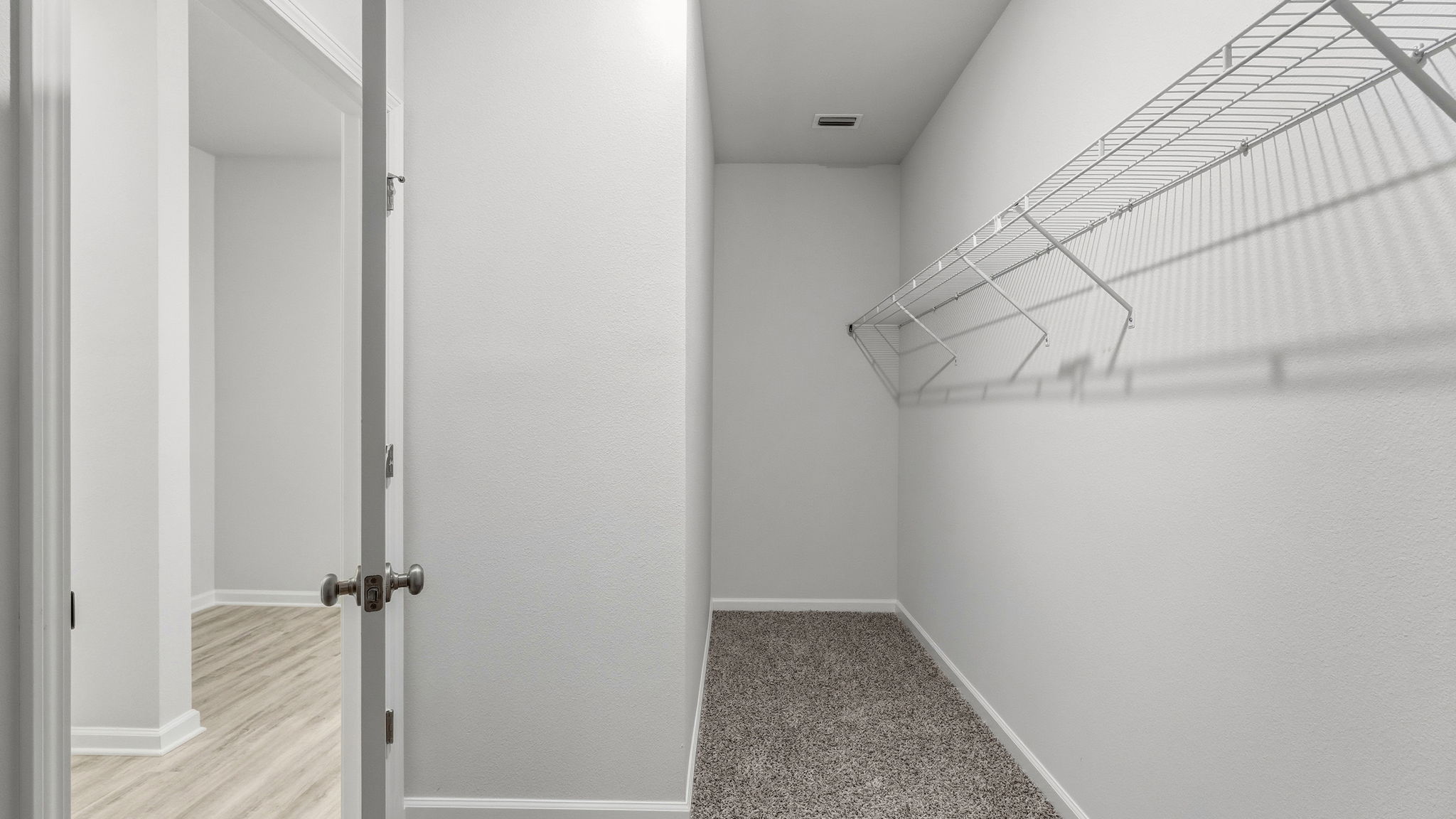 Primary bedroom walk-in closet with carpet floors and ventilated shelving.