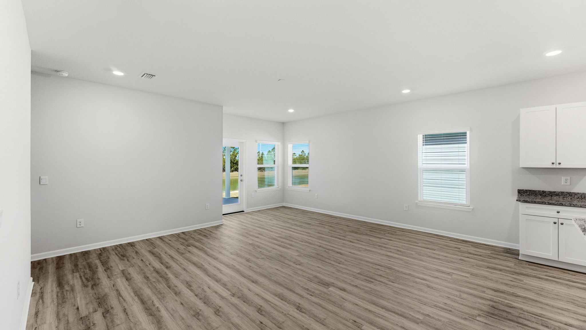Living room with EVP flooring and back door and windows.