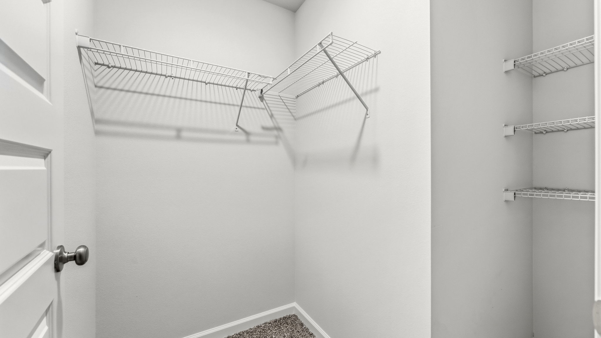Closet with carpet floors and ventilated shelving.