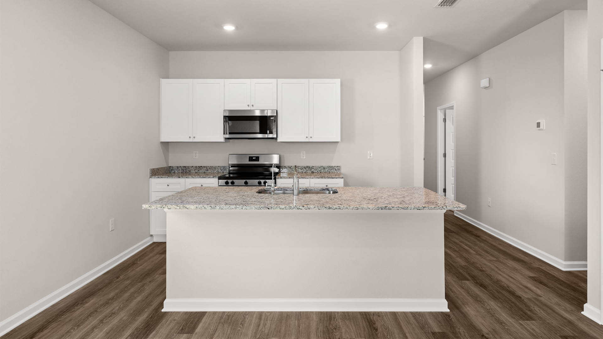 Kitchen with granite countertops and stainless-steel appliances and pantry.
