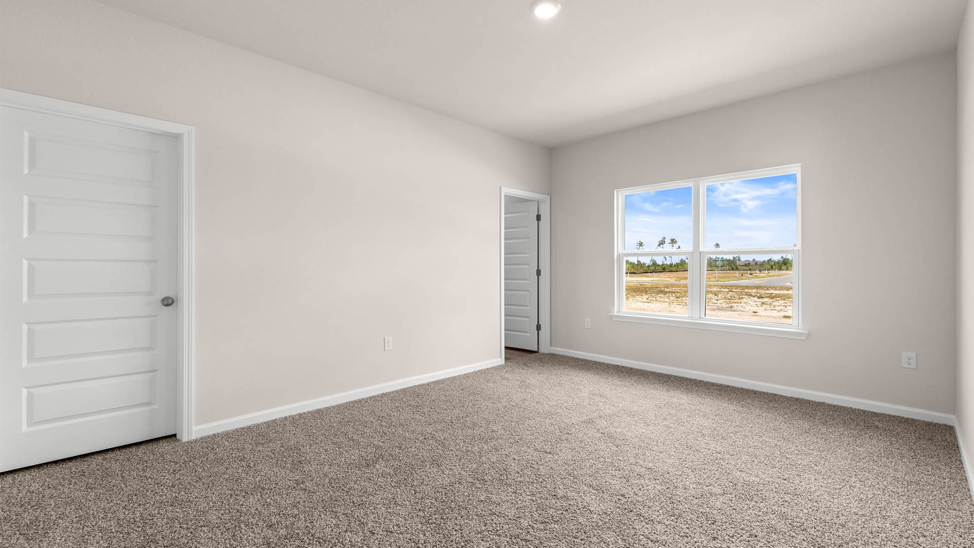 Primary bedroom with carpet floor and closet and windows.