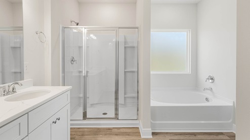 Primary bathroom with double vanity quartz countertops and shower with glass door and separate tub.
