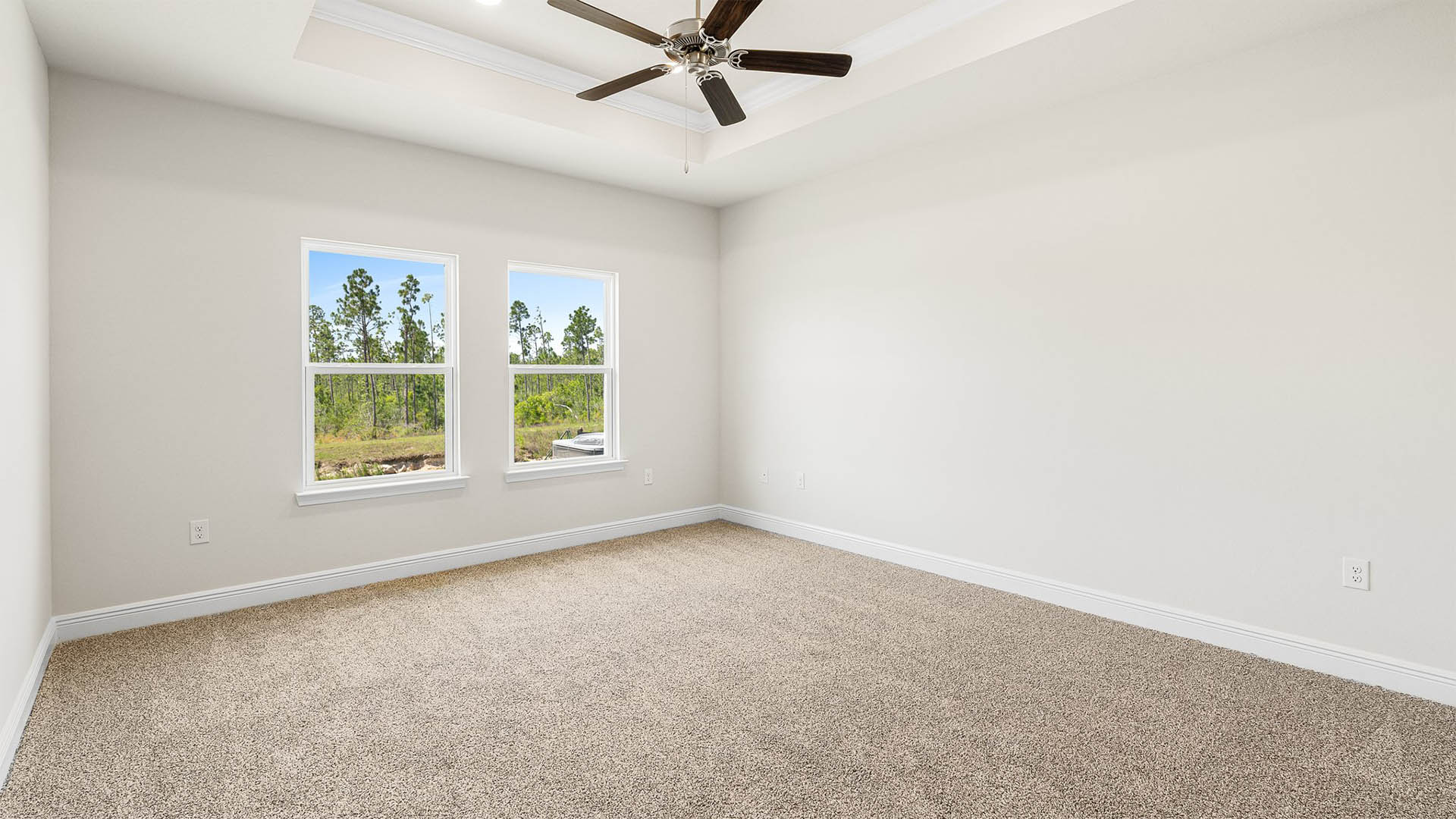 Primary bedroom with carpet floors and tray ceilings and ceiling fan and two windows.