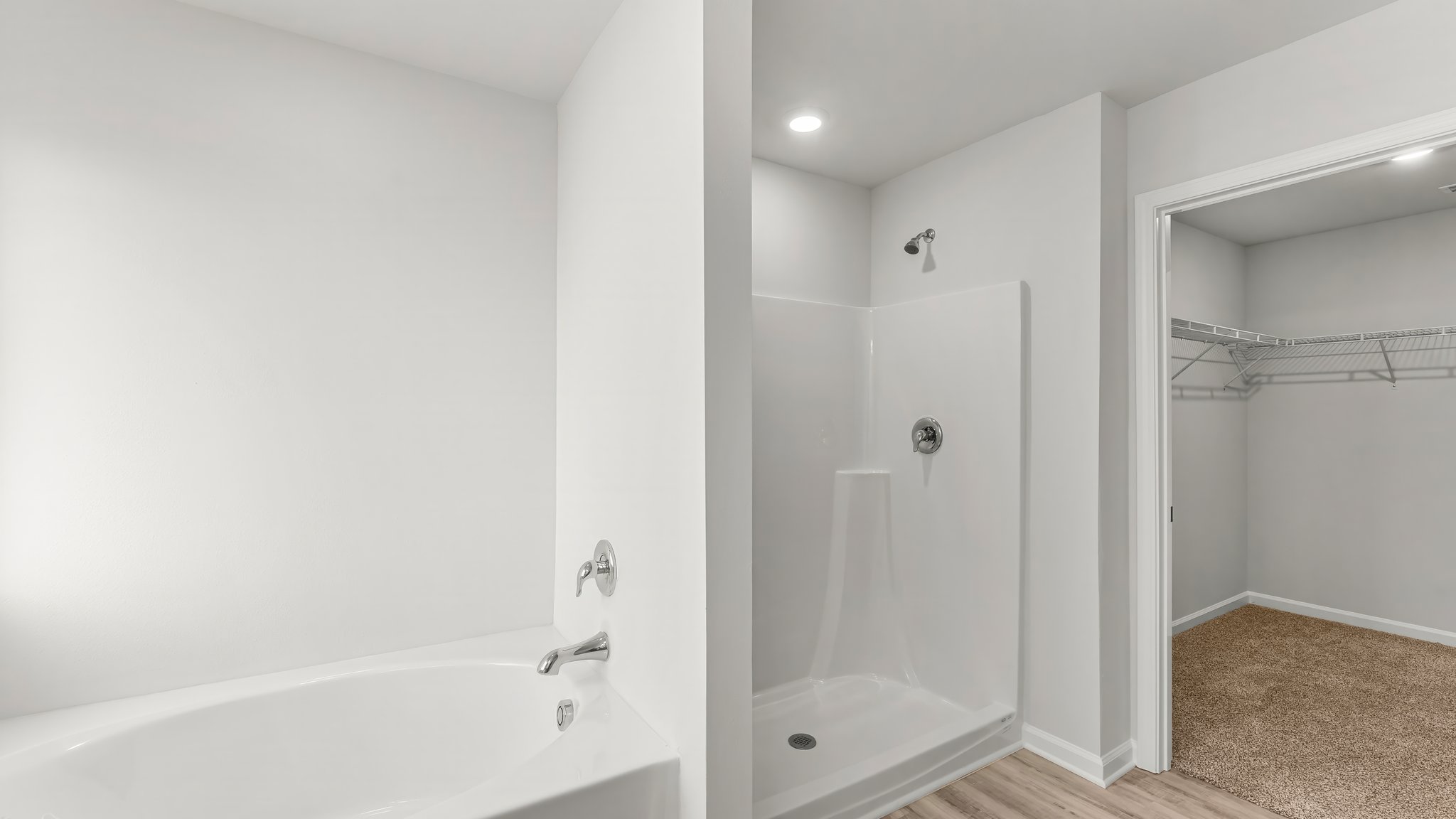 Primary bathroom shower and walk-in closet with carpet floors.