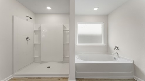 Primary bathroom with separate shower and tub with coated window.