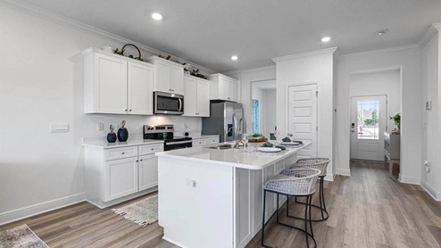 Kitchen with EVP flooring and quartz countertops and white cabinets and Island and stainless-steel appliances.