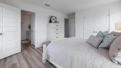 Bedroom with bathroom entrance and closet.
