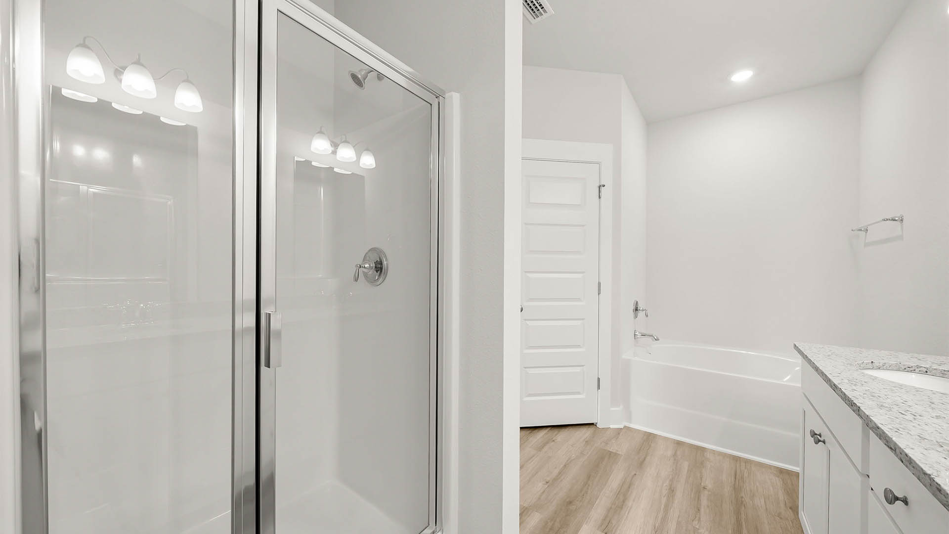 Primary bathroom shower with glass doors and tub and closet.