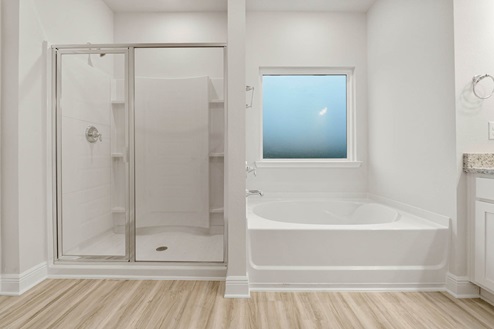 Separate tub and shower with glass door.