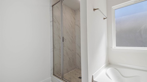 Primary bathroom shower with tile and tub.