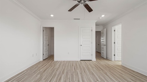 Primary bedroom with EVP flooring and ceiling fan and bathroom entrance.