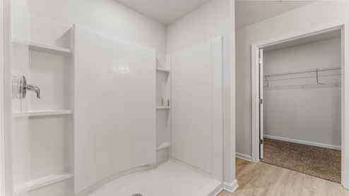Primary bathroom with walk-in shower and closet entrance.