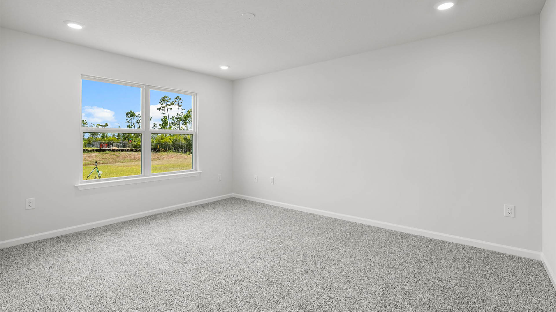 Primary bedroom with carpet flooring and two windows.