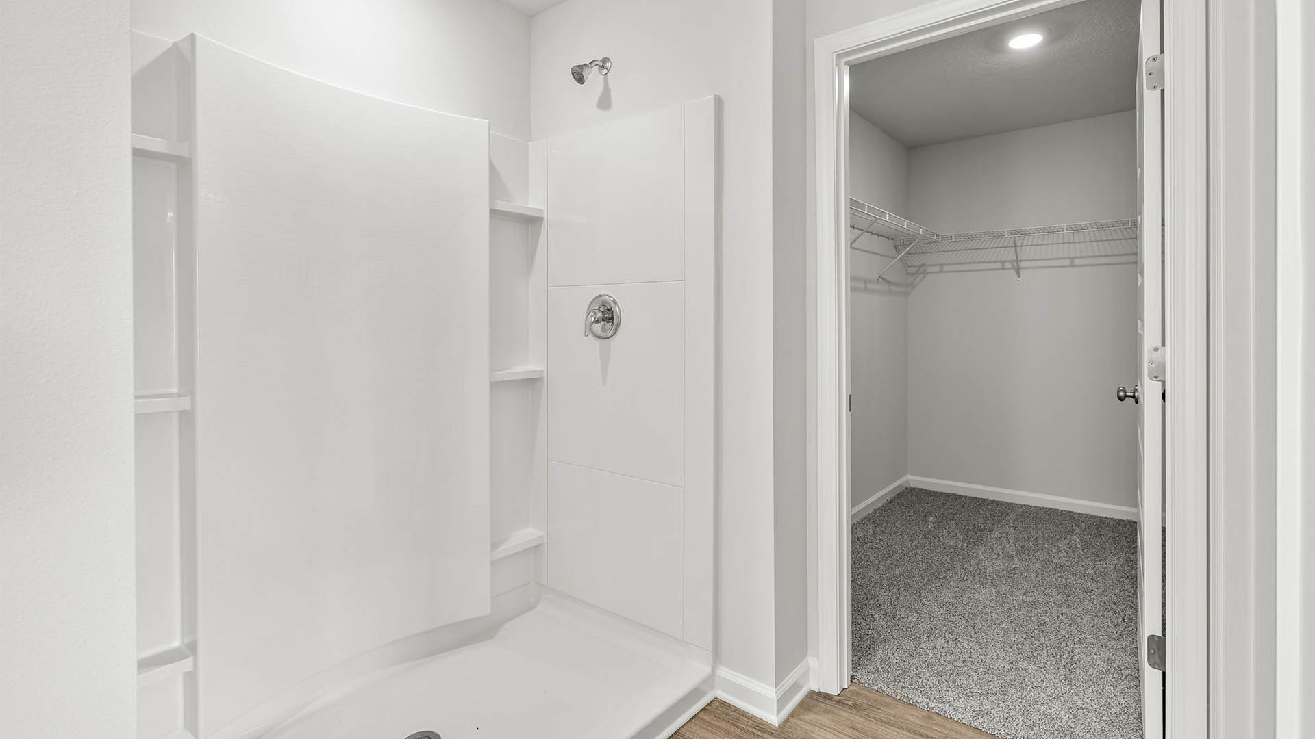 Primary bathroom shower and walk-in closet with carpet floors.