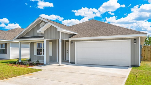 Cali floor plan with vinyl siding and covered front porch.