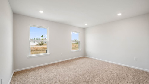 Primary bedroom with two windows and carpet floors.