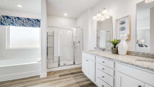 Hodges Bayou Plantation model home master bathroom with granite countertops and shower and tub.