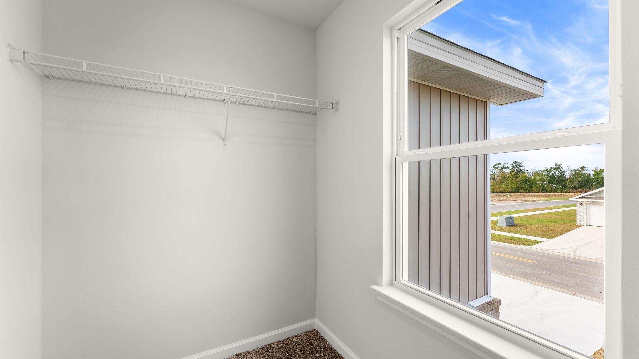 Primary bathroom closet with carpet floors and ventilated shelving.