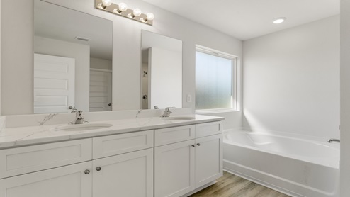 Master bathroom with quartz countertops and double vanity and tub.