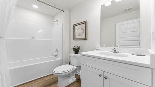 Bathroom with single vanity quartz countertops and walk-in closet.