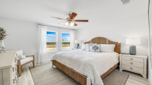 Primary bedroom with furniture and ceiling fan and two windows.