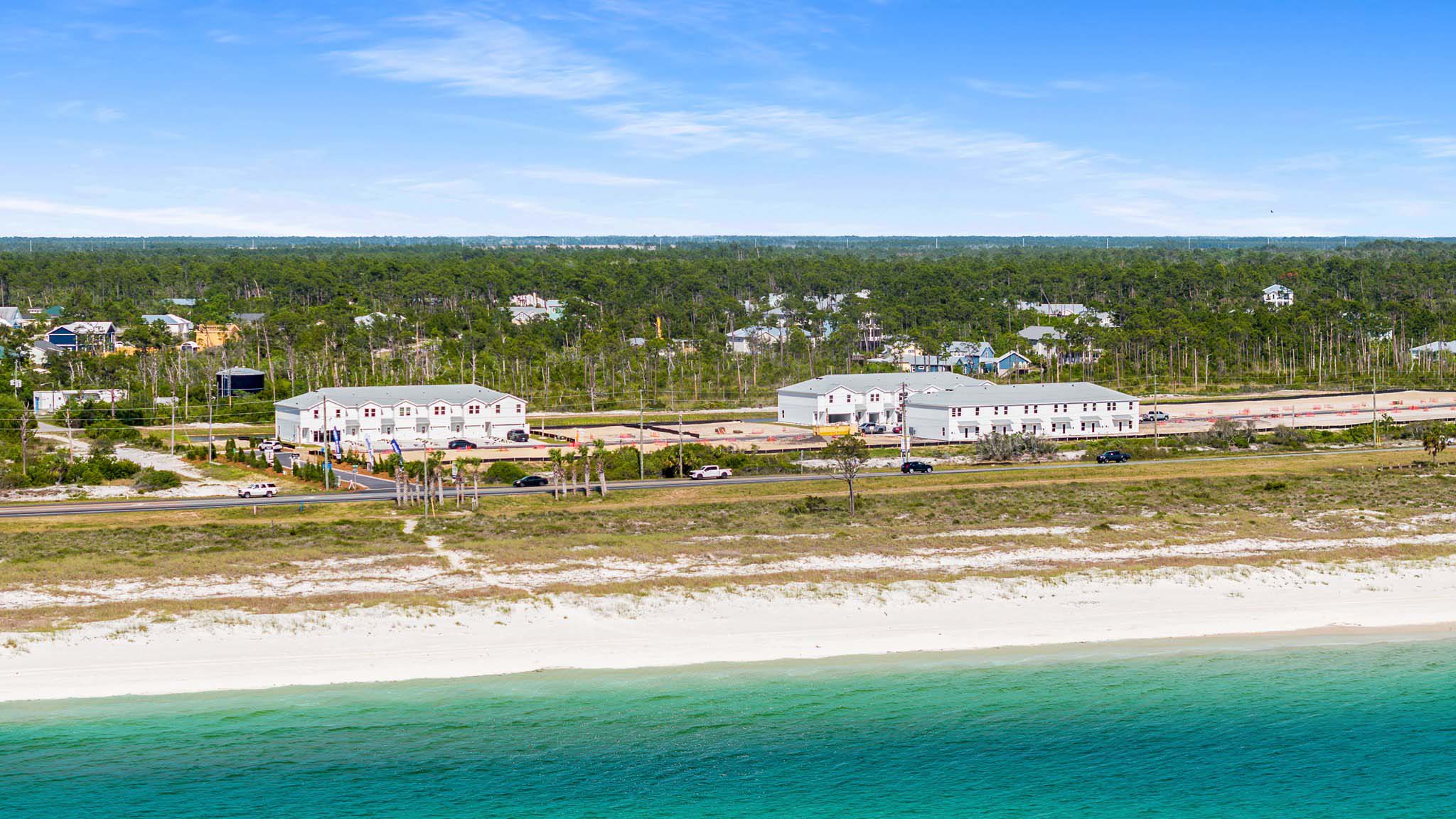 Aerial view looking at beach path.