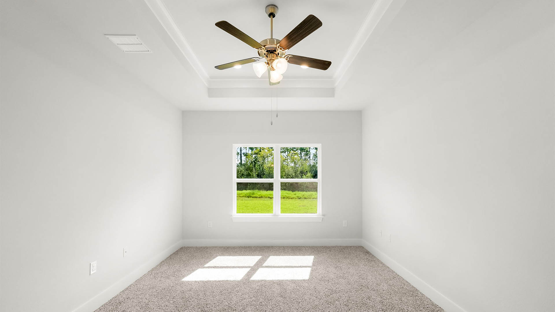 Primary bedroom with carpet floor and tray ceilings and ceiling fan and two windows.